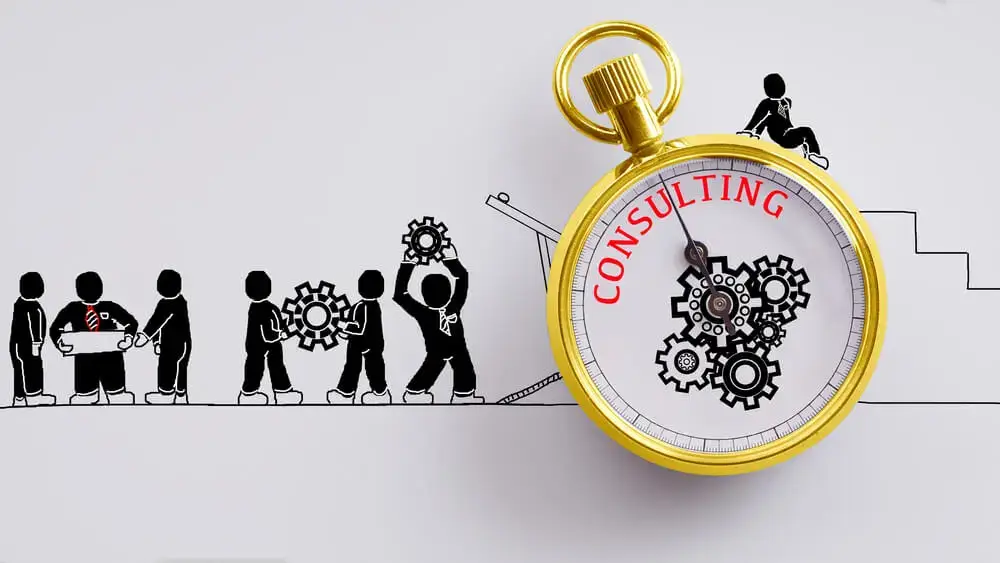 An illustration of people working together with gears, alongside a stopwatch labeled 'Consulting,' symbolizing teamwork, efficiency, and consulting services