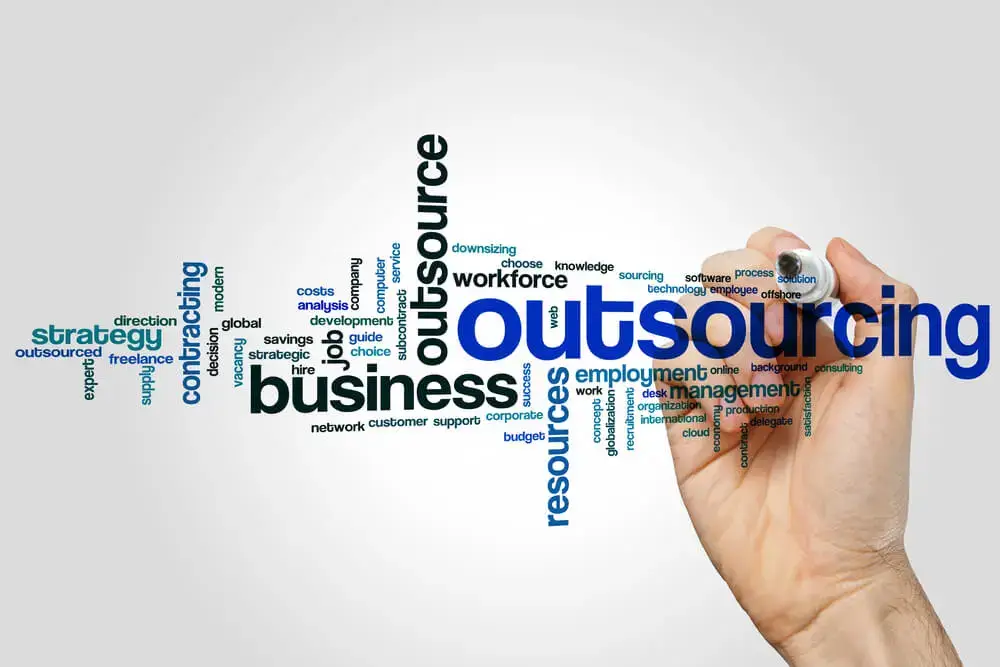 Hand writing keywords related to outsourcing, including business, strategy, resources, and workforce.