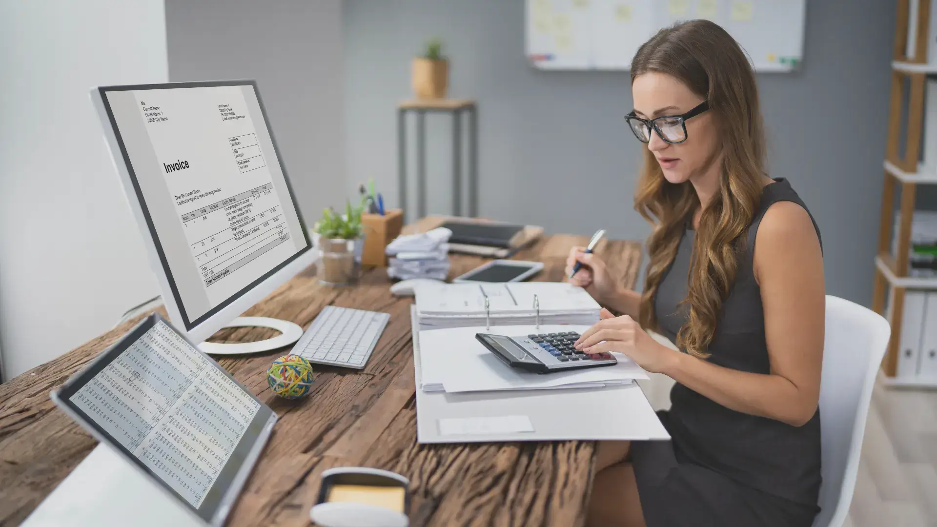 a business owner working on her accounting wondering if she should outsource her accounting tasks