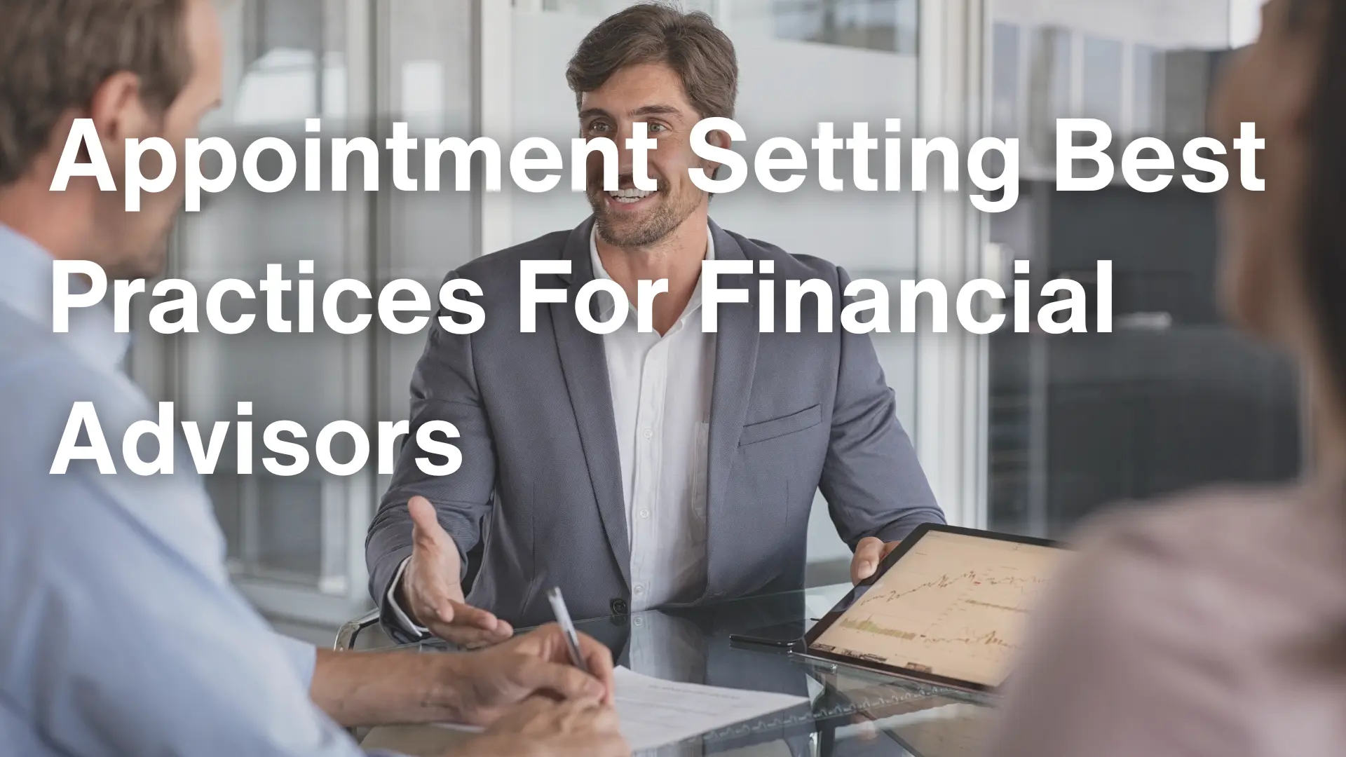 A financial advisor in a suit discussing strategies with clients at a table