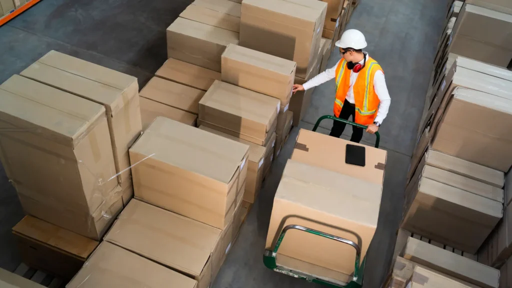 A warehouse worker managing stacked packages on a pallet, illustrating streamlined shipping processes for efficiency