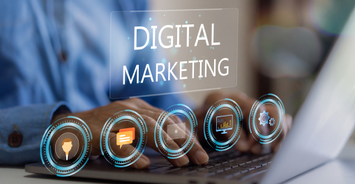 A person using a laptop and working on Digital Marketing