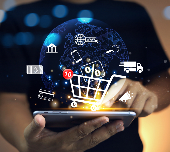 electronic device with a shopping cart logo to showcase online shopping