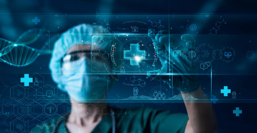Medical professional in a mask interacting with futuristic digital healthcare interface.