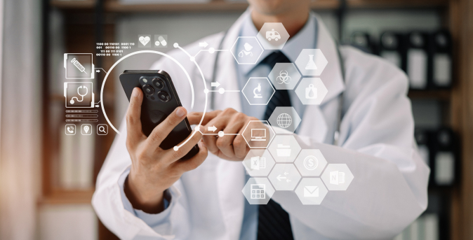 Doctor using a smartphone with digital medical icons overlay.
