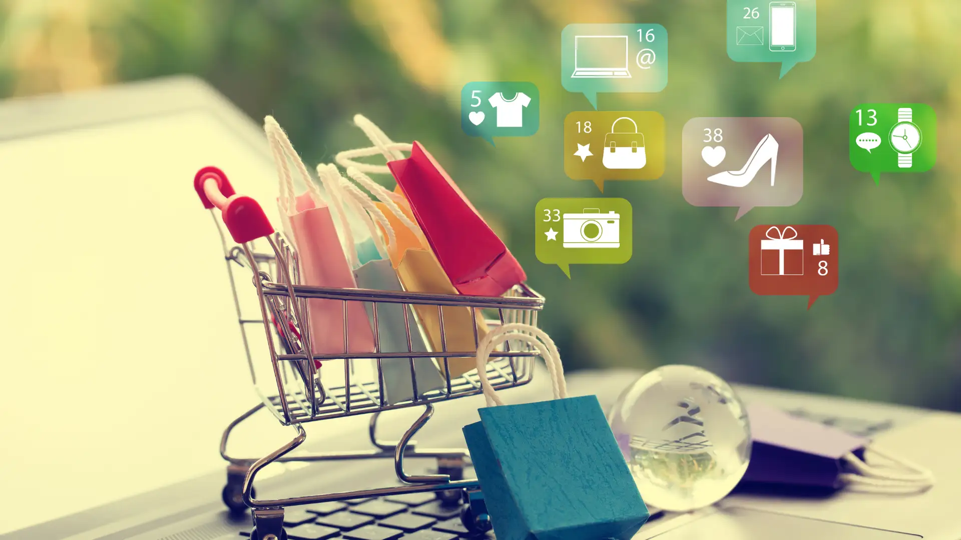 Mini shopping cart with digital icons, representing e-commerce and customer service solutions