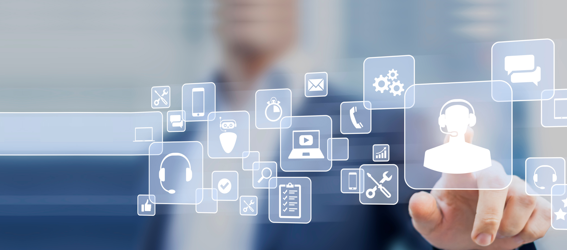 A person interacting with a virtual interface representing digital communication and support