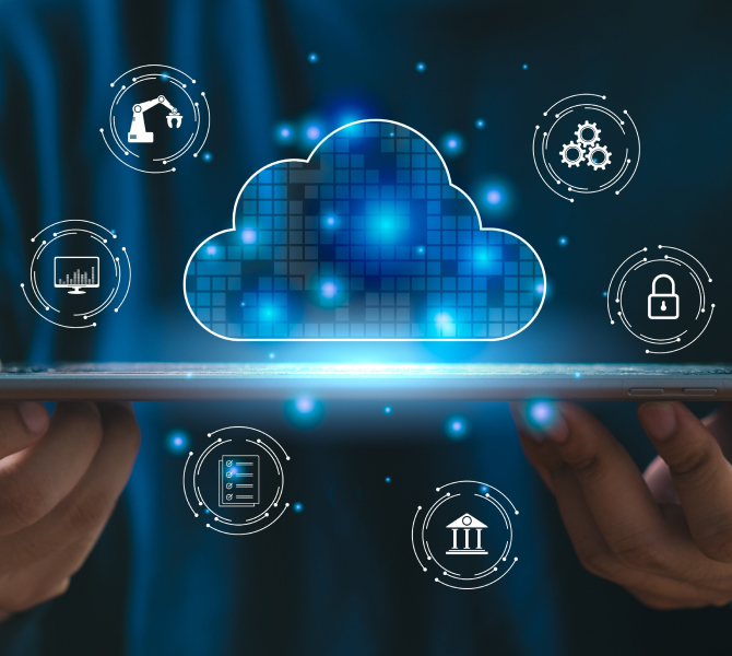 technology symbols, representing cloud computing and digital integration