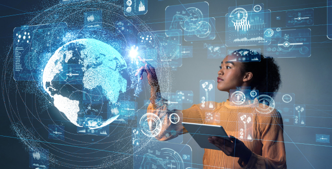 Woman using a tablet and interacting with a digital globe and holographic icons