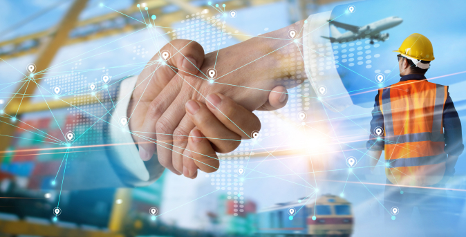 Handshake overlaying logistics imagery, including a worker, containers, and an airplane