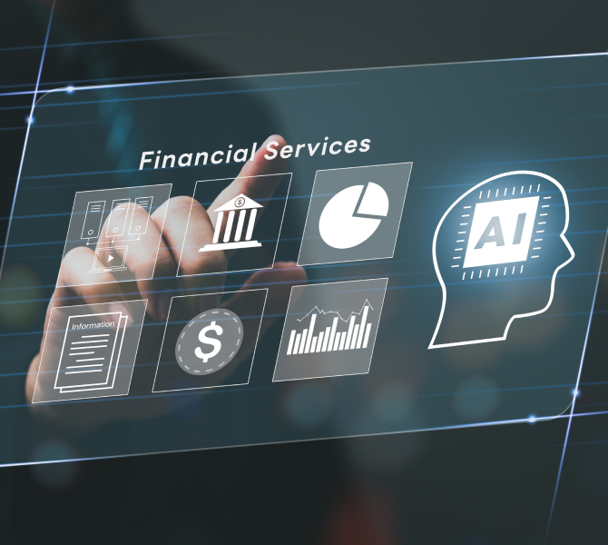 featuring icons such as a bank, pie chart, dollar sign, bar graph, and an AI symbol, representing technology-driven financial solutions