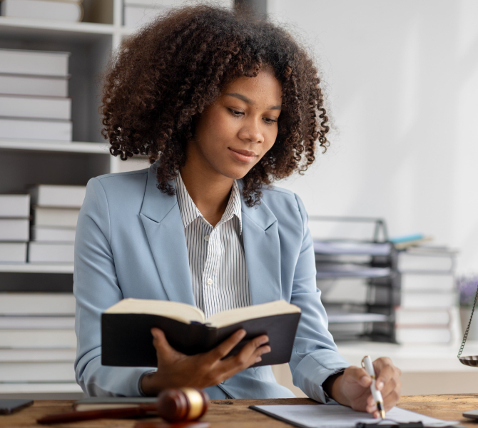 a woman reading a book while taking notes