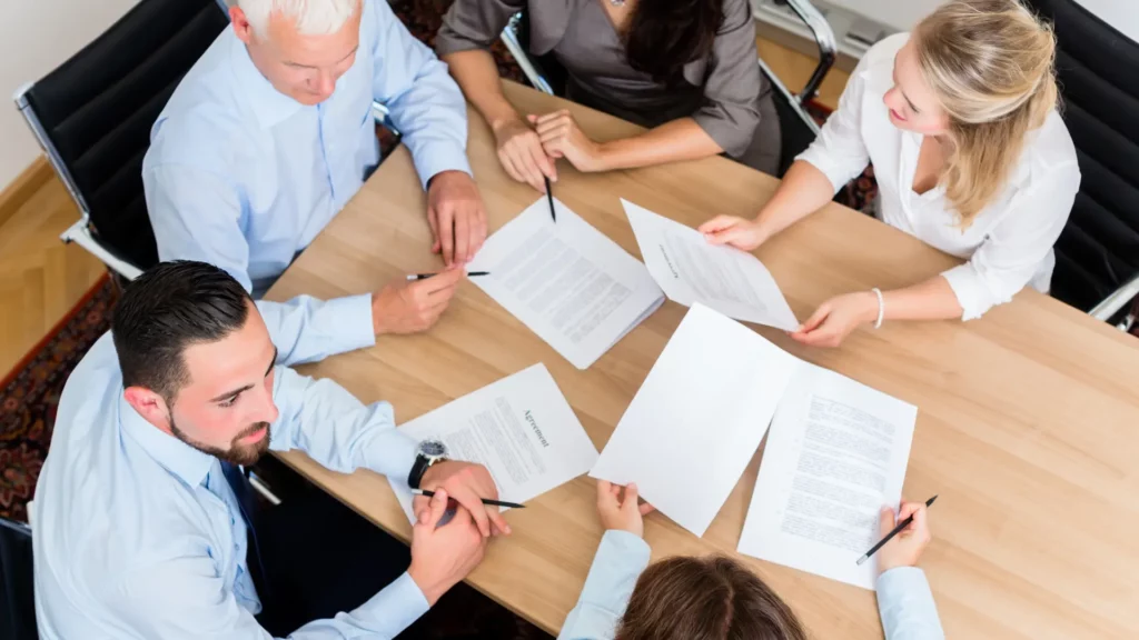 Group of people discussing and signing legal documents around a table.