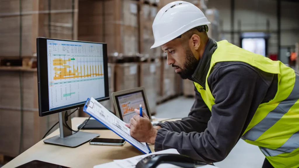 Warehouse worker in a safety helmet reviewing logistics data on a clipboard and computer.