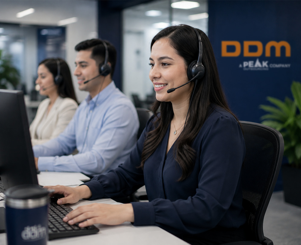 Customer service representative wearing a headset and working at a computer in a professional Peak DDM contact center