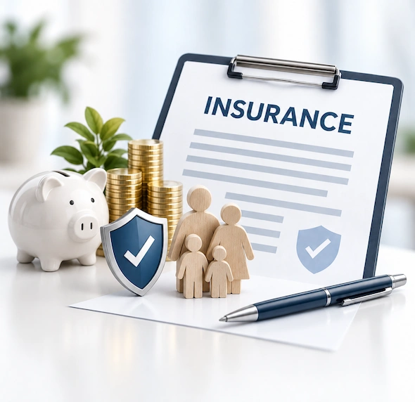 Family figurines, savings coins, and a piggy bank beside an insurance policy, symbolizing life insurance and financial security.