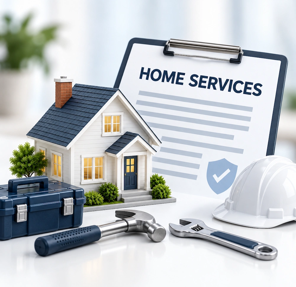 Miniature house with a toolbox, tools, and a hard hat in front of a clipboard labeled Home Services.